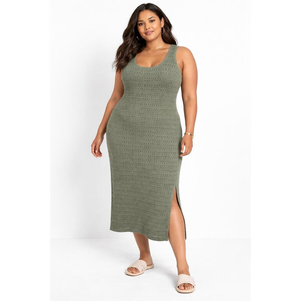 Old Navy Olive Green Crochet Knit Midi Dress XXL Boho Beach Cover Up Sleeveless